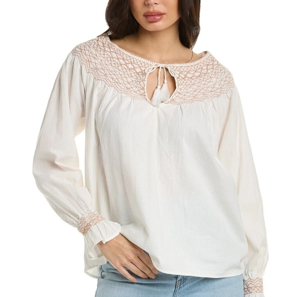 Faherty Tops - FAHERTY Laura Embroidered Peasant Top Women's XL Smock Tassel Boho Cottage